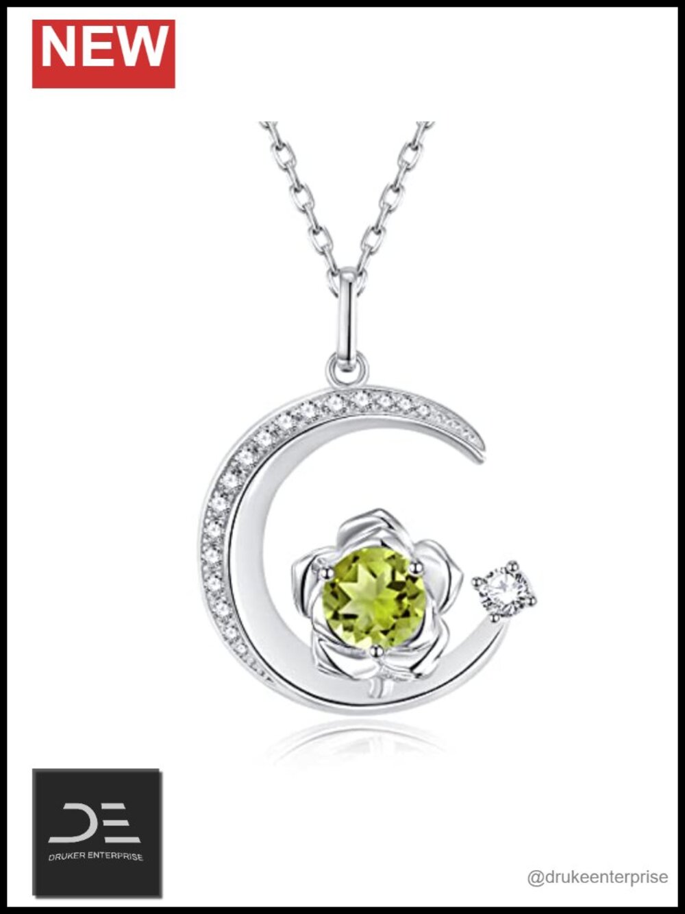 Sterling Silver Birthstone Moon & Flower Pendant Necklace for Women